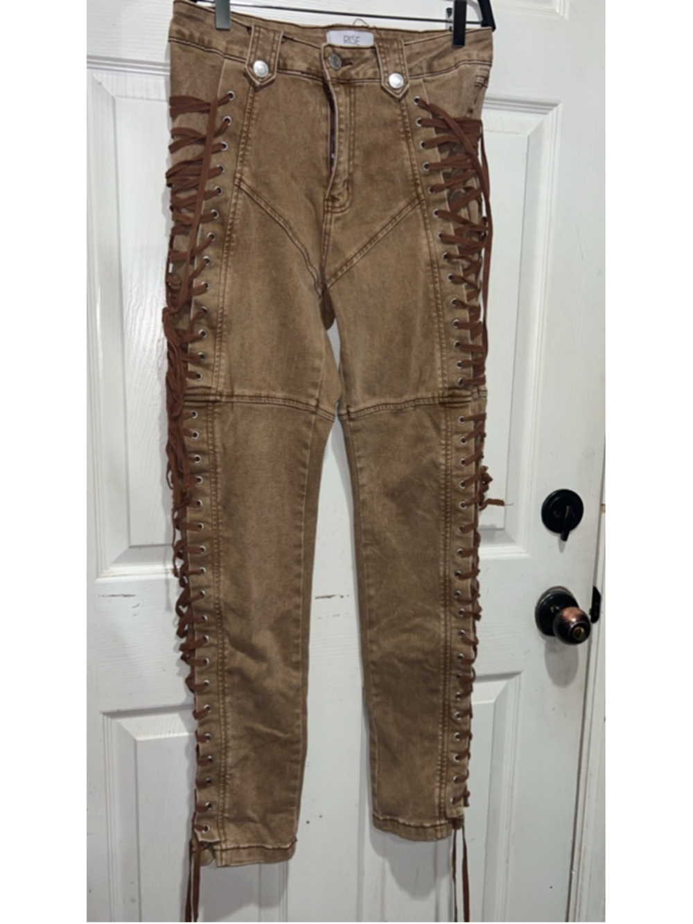 Women's RISE Brown Lace-Up Skinny Jeans Juniors 13